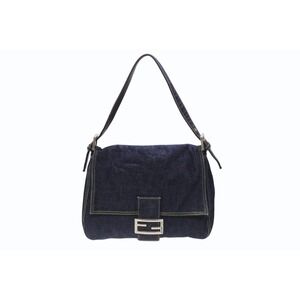 FENDI Mamma Bucket One Shoulder Hobo Bag Navy Blue Denim Leather
